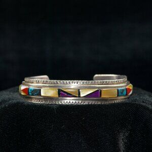 Vintage Native American Multi-stone Cuff Bracelet. Signed LS